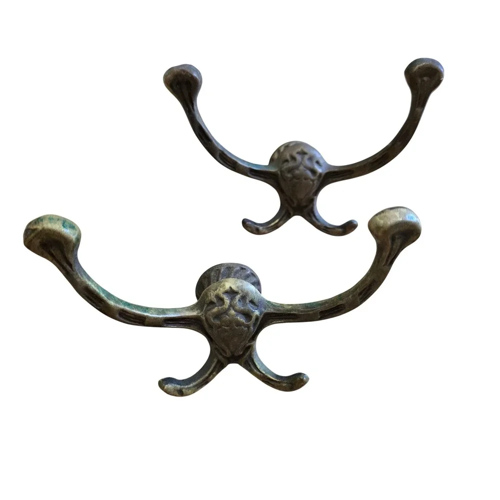 Vintage Cast Metal Wall Hooks Set of 2 Ornate 4-Prong Coat Hat Rack Aged Brass